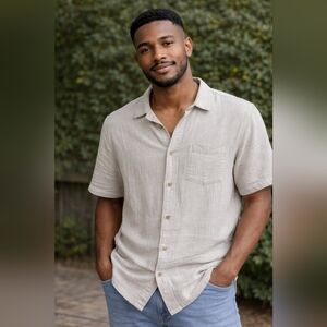 Cotton On Light Beige Short Sleeve Button-Up Shirt Size M